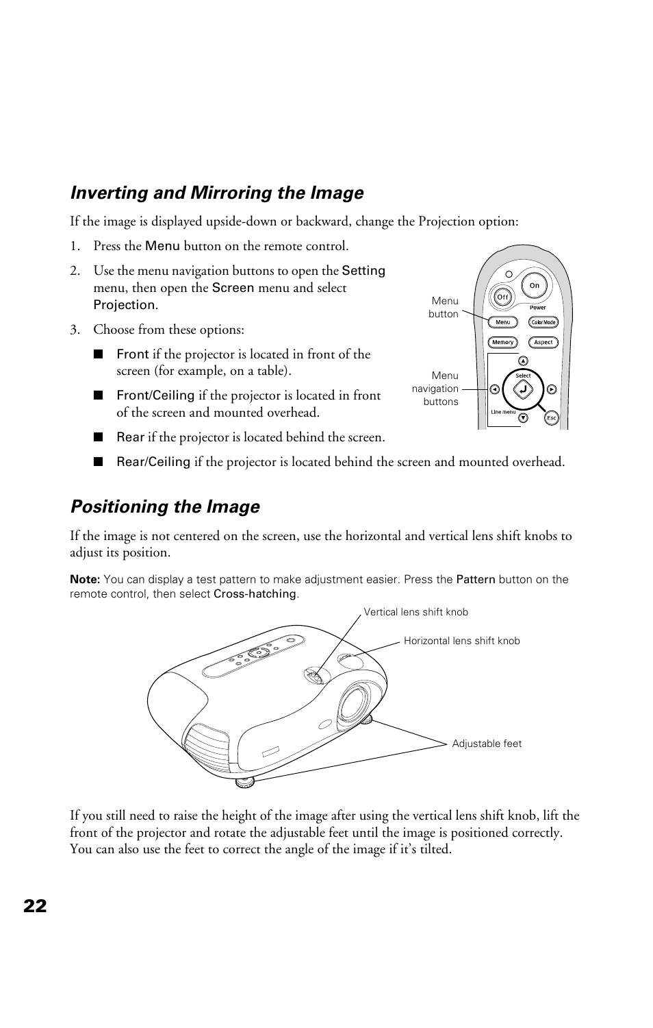 Inverting and mirroring the image, Positioning the image, 22 inverting and mirroring the image | Epson Cinema 200+ User Manual | Page 22 / 80