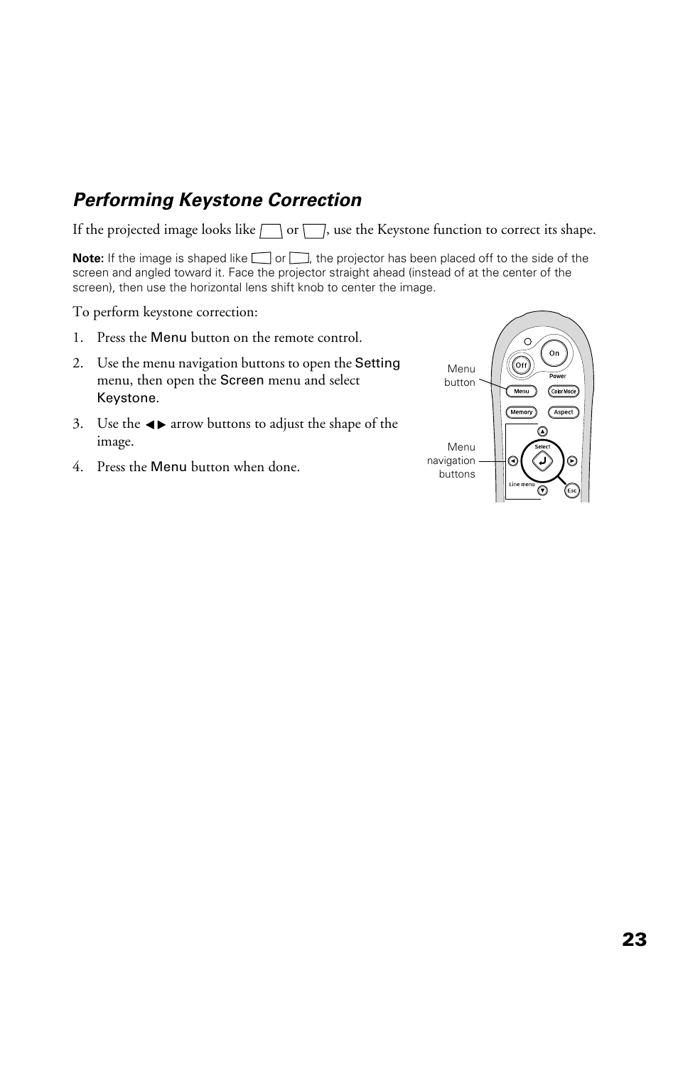 Performing keystone correction, 23 performing keystone correction | Epson Cinema 200+ User Manual | Page 23 / 80