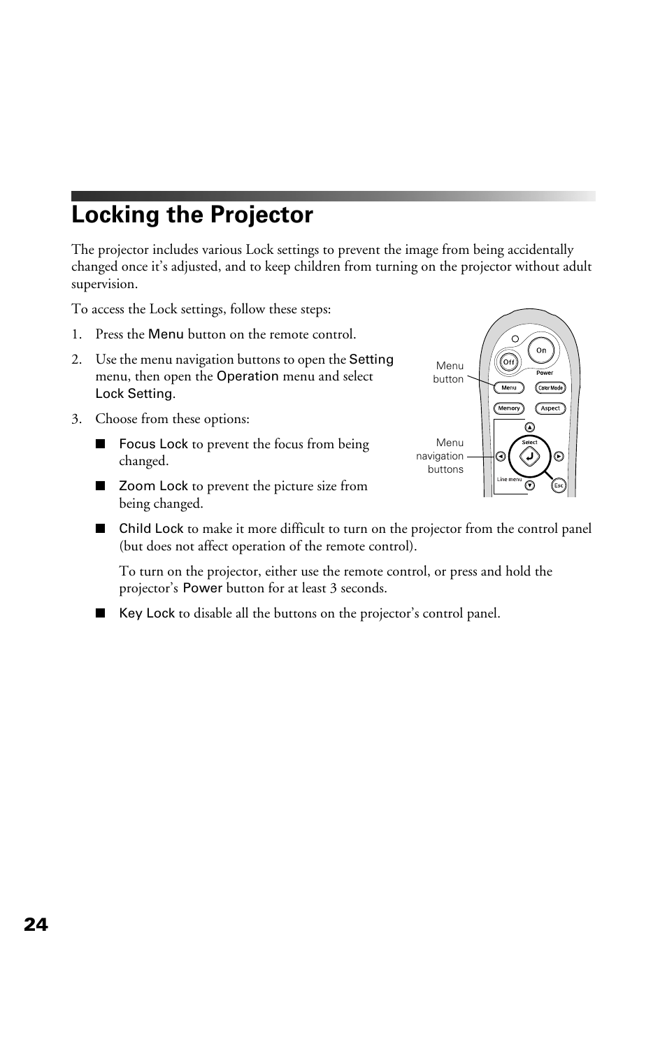 Locking the projector | Epson Cinema 200+ User Manual | Page 24 / 80