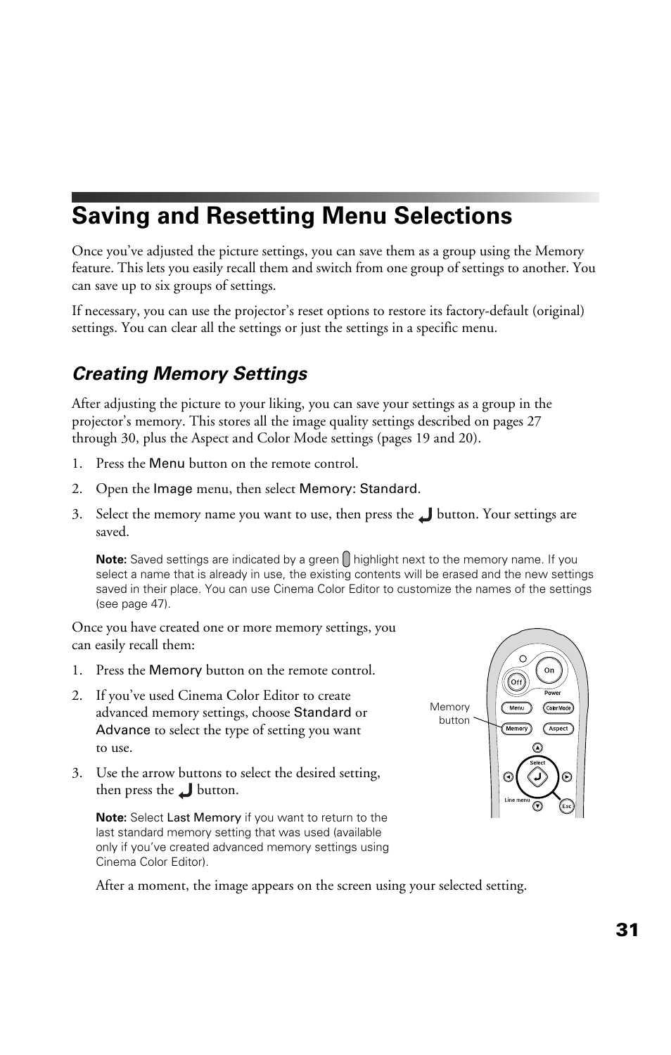 Saving and resetting menu selections, Creating memory settings | Epson Cinema 200+ User Manual | Page 31 / 80