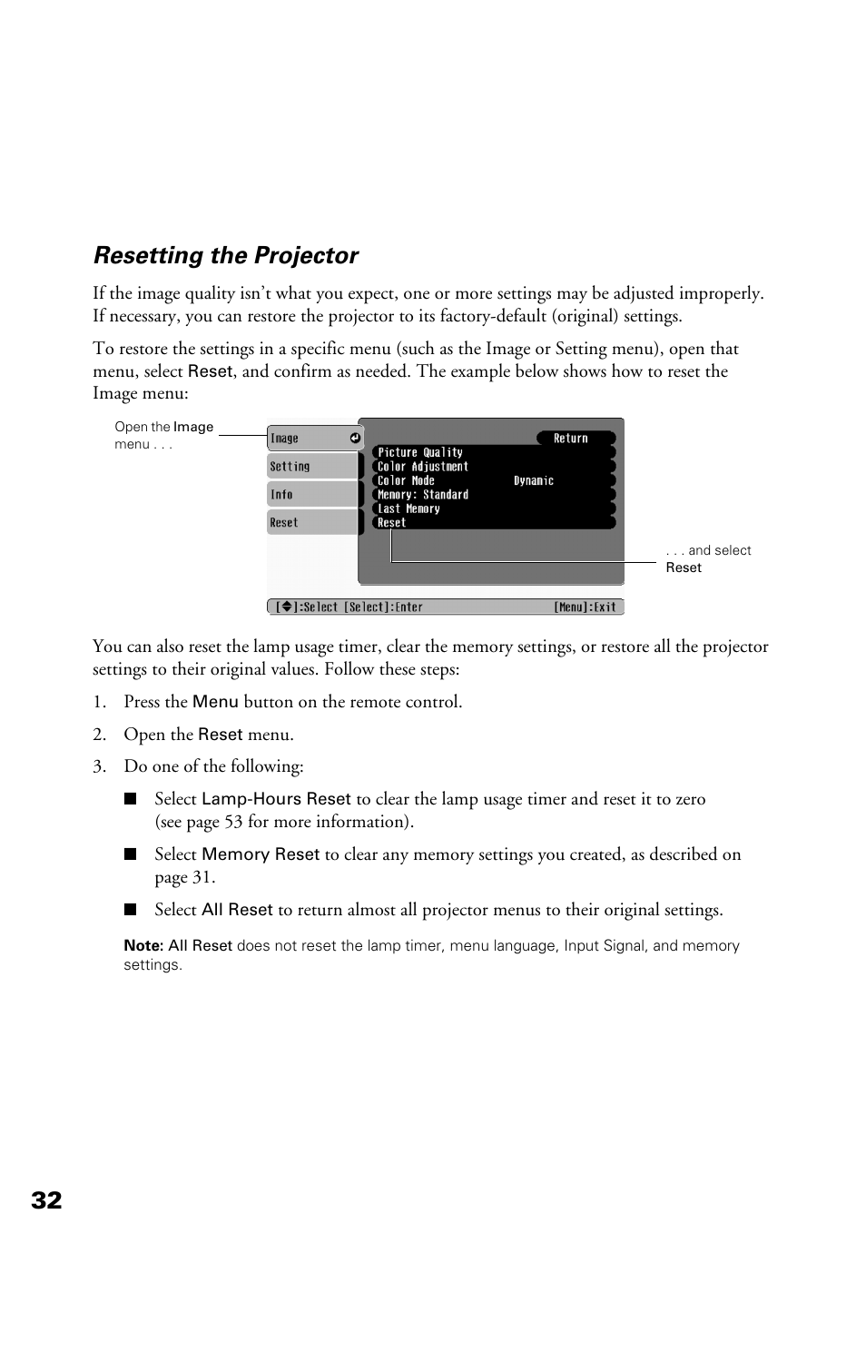 Resetting the projector, 32 resetting the projector | Epson Cinema 200+ User Manual | Page 32 / 80