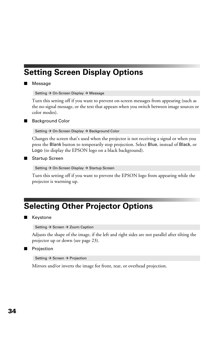 Setting screen display options, Selecting other projector options | Epson Cinema 200+ User Manual | Page 34 / 80