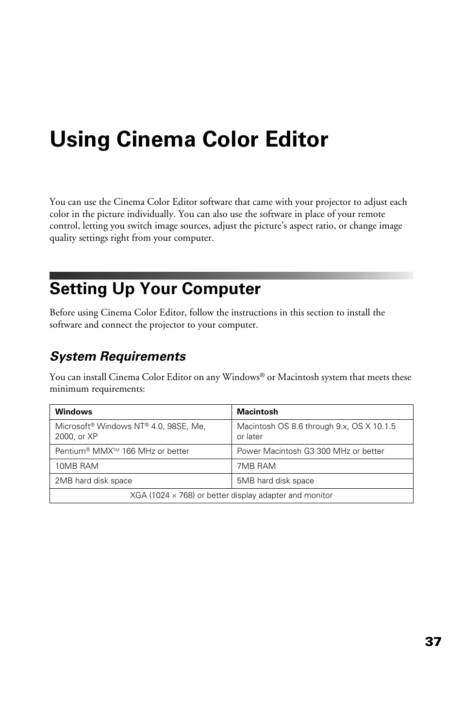 Using cinema color editor, Setting up your computer, System requirements | Epson Cinema 200+ User Manual | Page 37 / 80