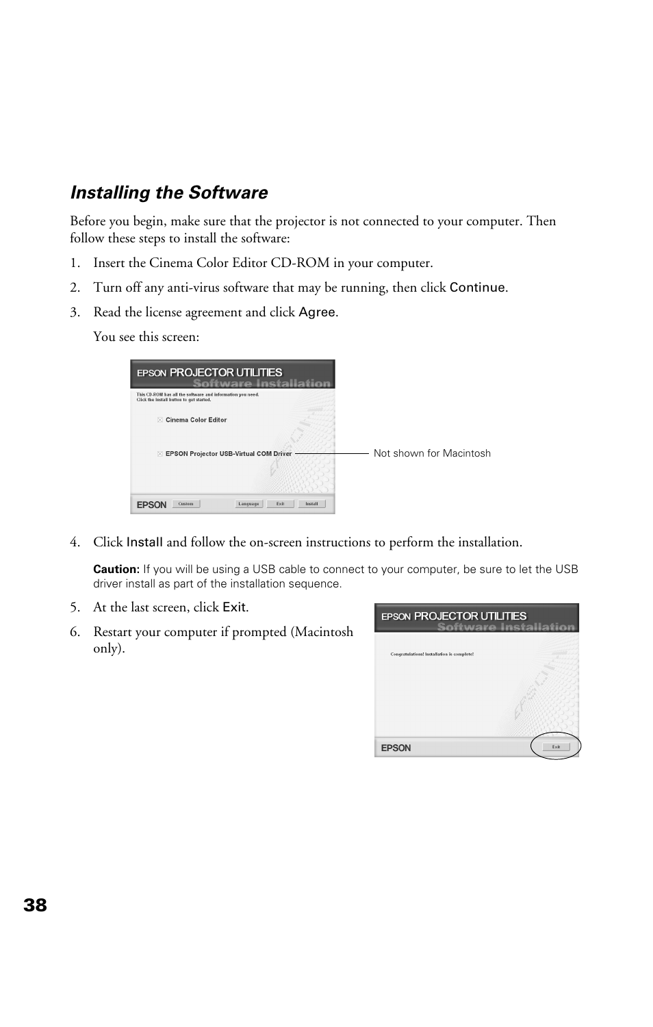 Installing the software, 38 installing the software | Epson Cinema 200+ User Manual | Page 38 / 80