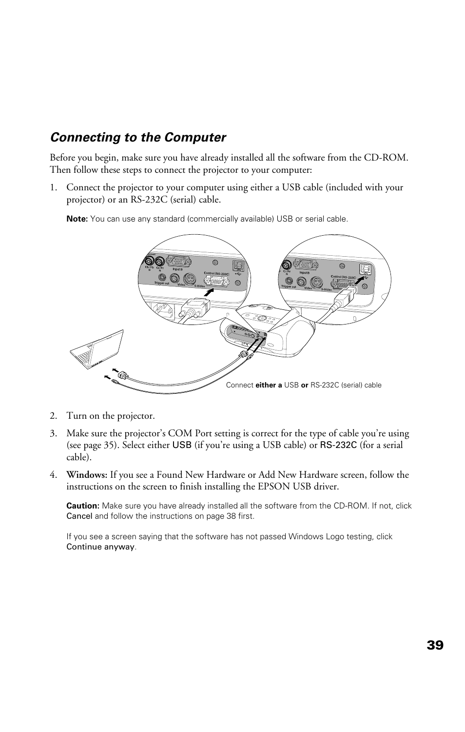 Connecting to the computer, 39 connecting to the computer | Epson Cinema 200+ User Manual | Page 39 / 80