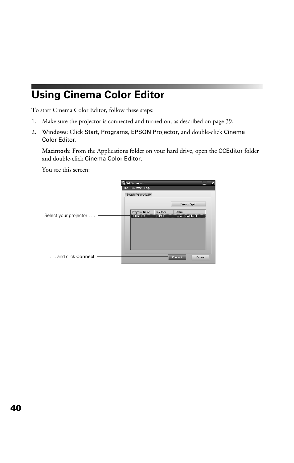 Using cinema color editor | Epson Cinema 200+ User Manual | Page 40 / 80