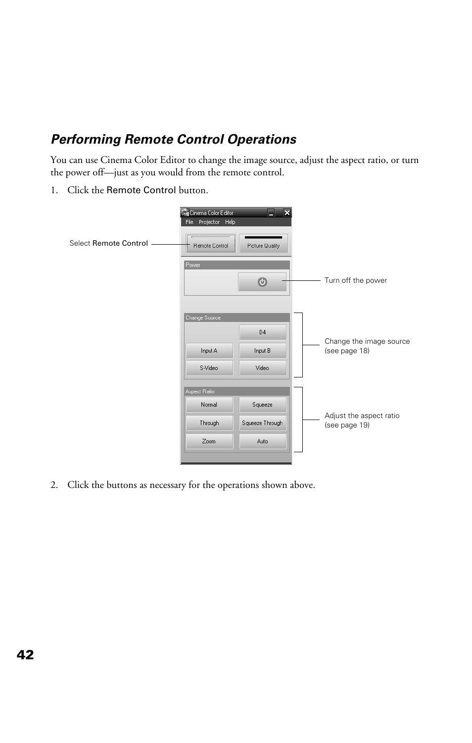 Performing remote control operations, 42 performing remote control operations | Epson Cinema 200+ User Manual | Page 42 / 80