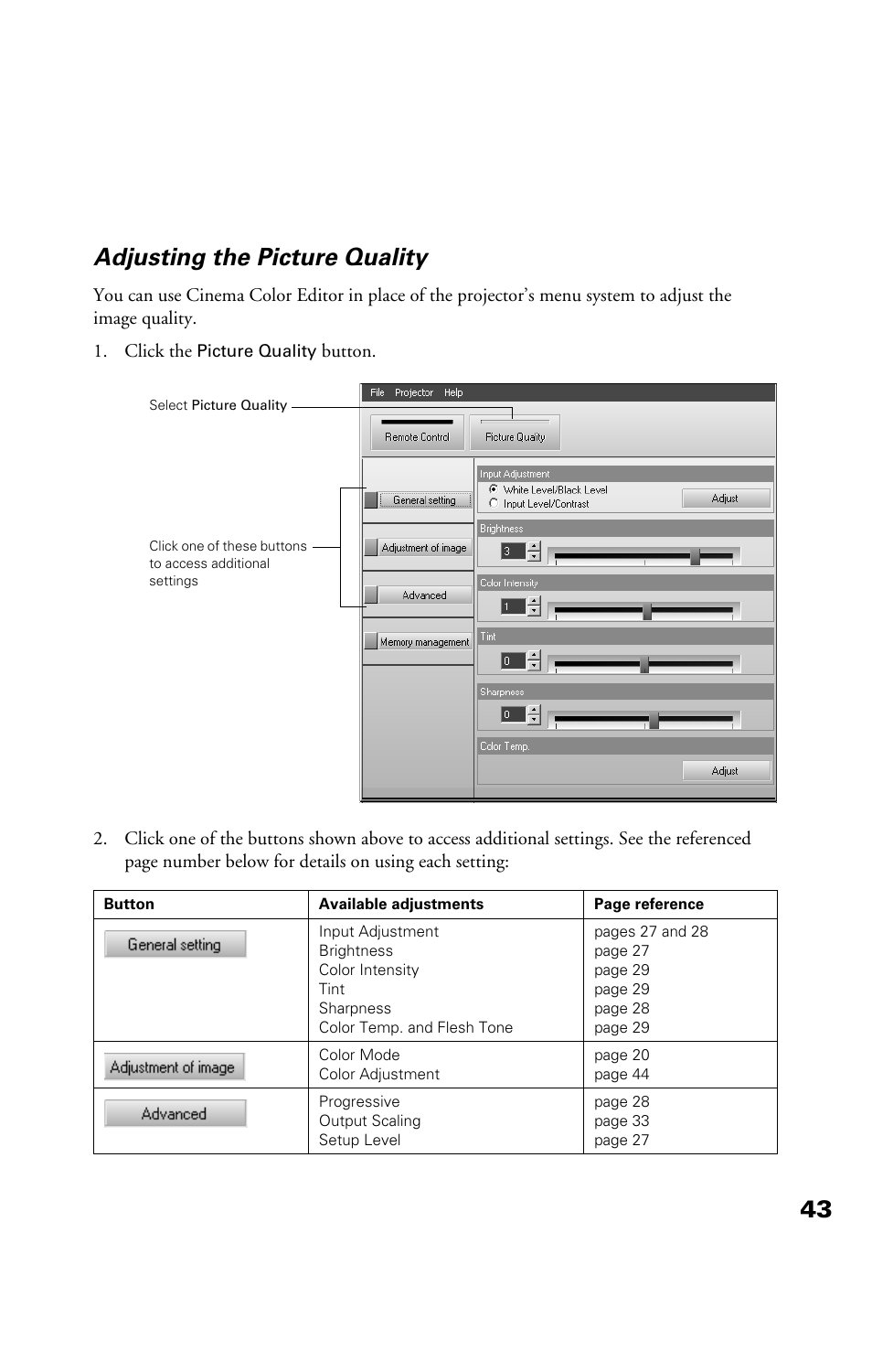 Adjusting the picture quality, 43 adjusting the picture quality | Epson Cinema 200+ User Manual | Page 43 / 80