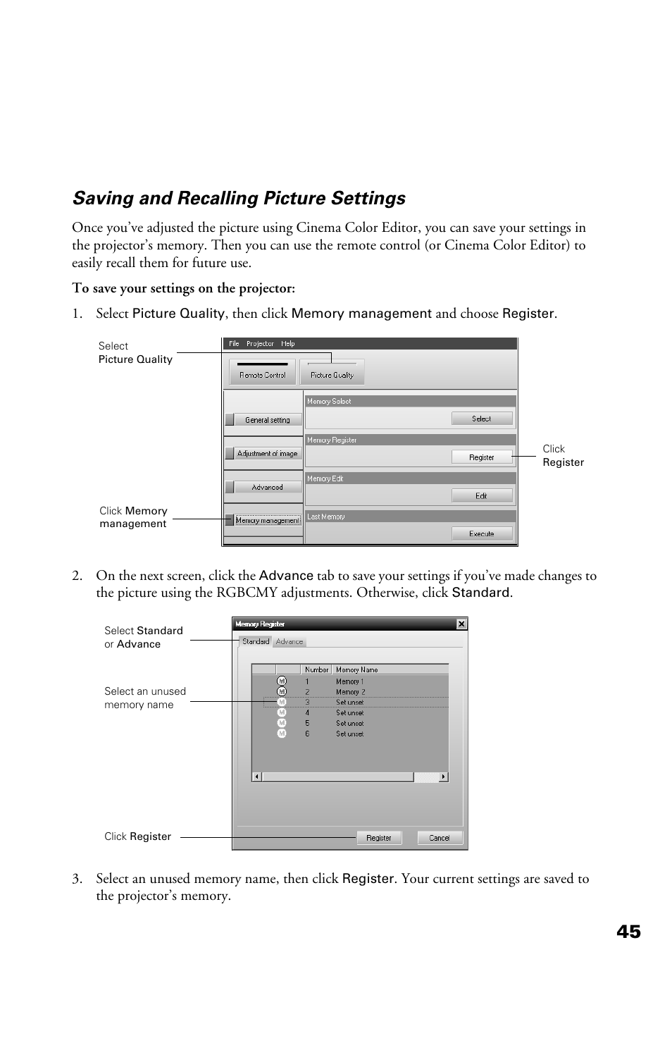 Saving and recalling picture settings, 45 saving and recalling picture settings | Epson Cinema 200+ User Manual | Page 45 / 80