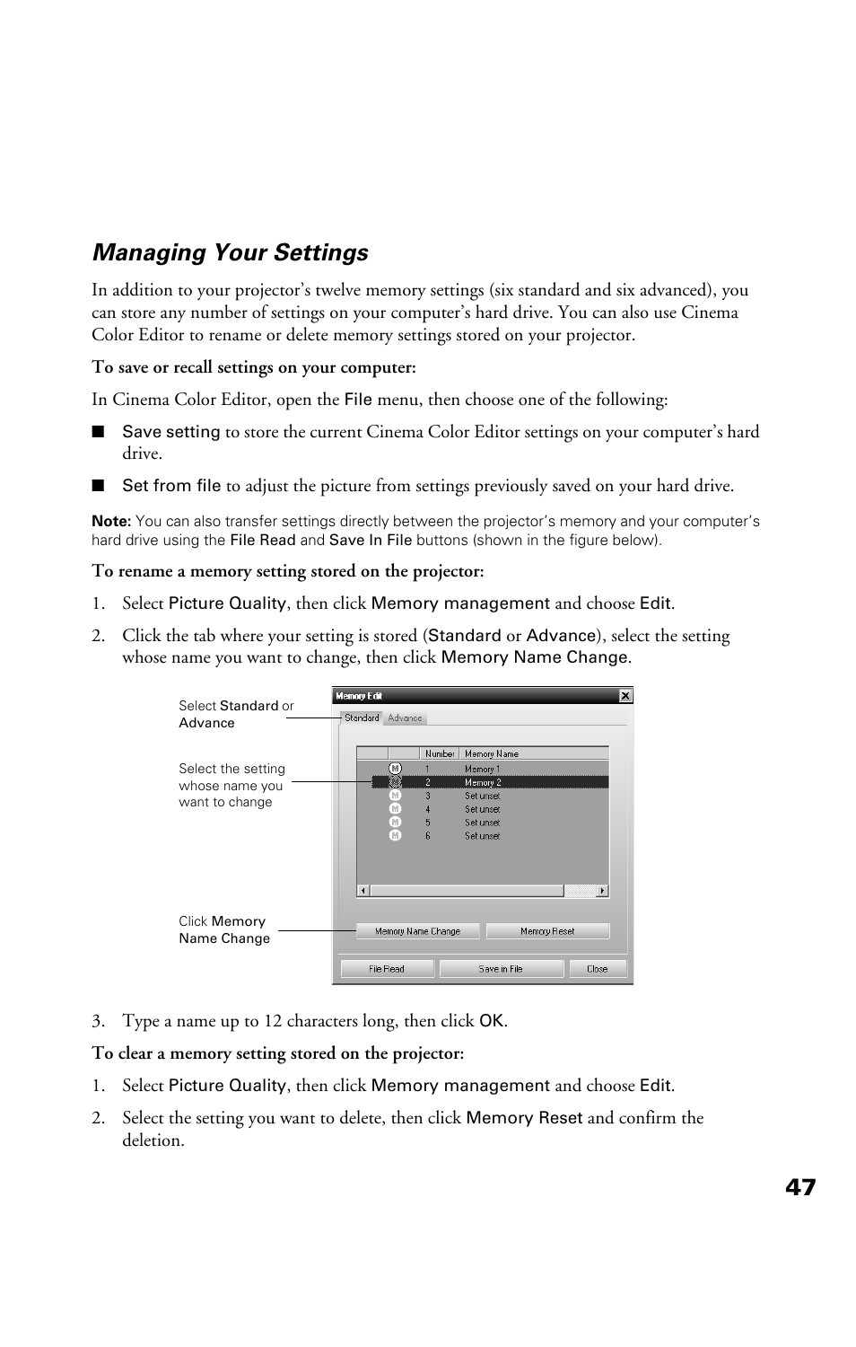 Managing your settings, 47 managing your settings | Epson Cinema 200+ User Manual | Page 47 / 80