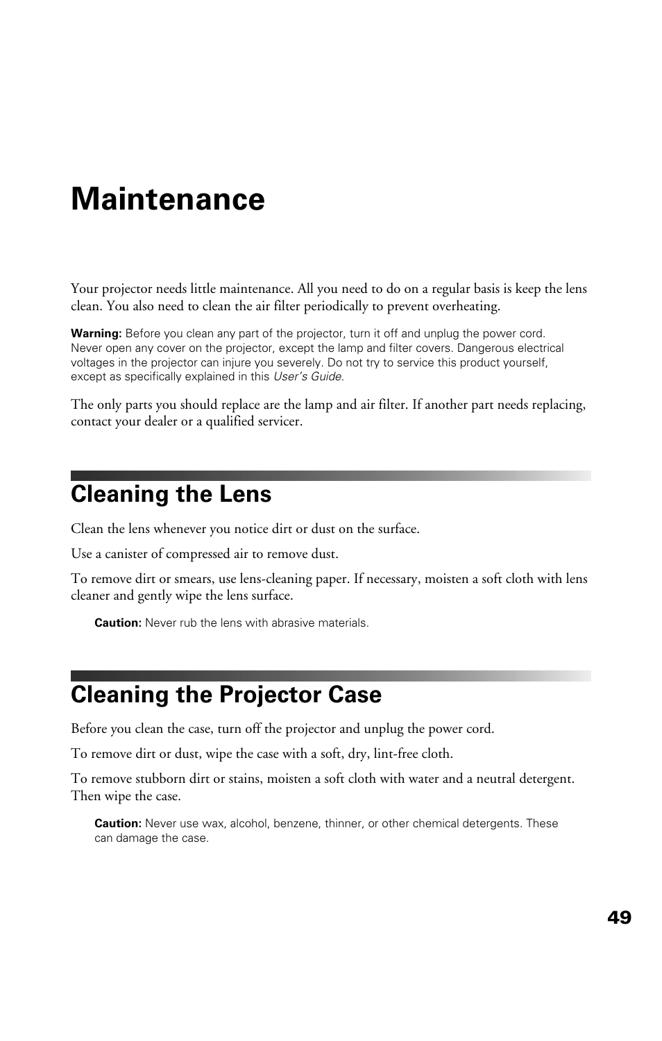 Maintenance, Cleaning the lens, Cleaning the projector case | Epson Cinema 200+ User Manual | Page 49 / 80