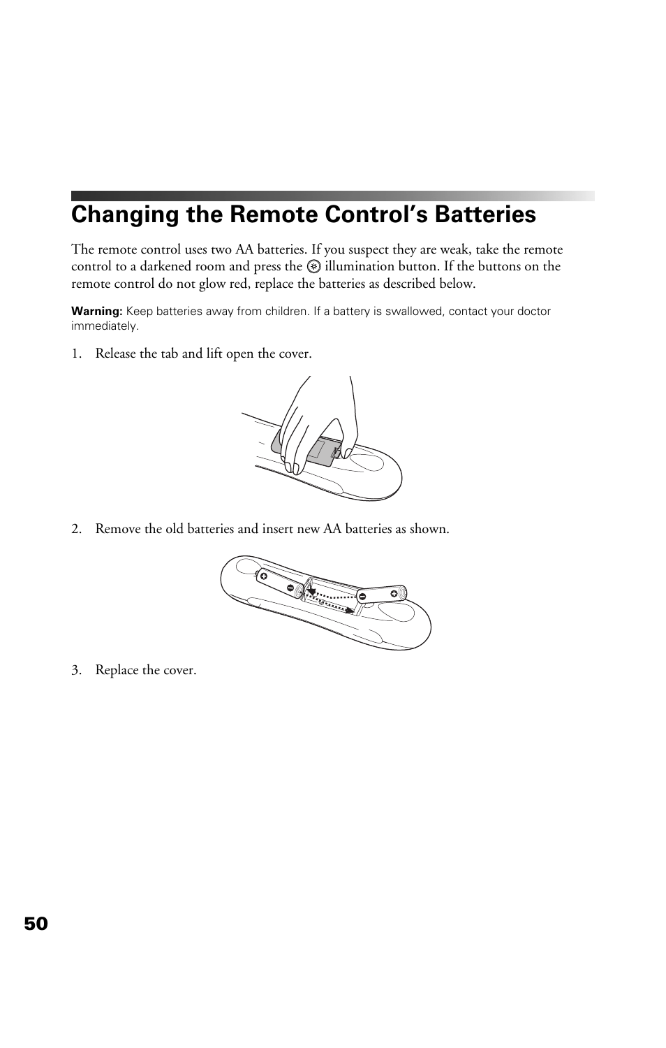 Changing the remote control’s batteries | Epson Cinema 200+ User Manual | Page 50 / 80