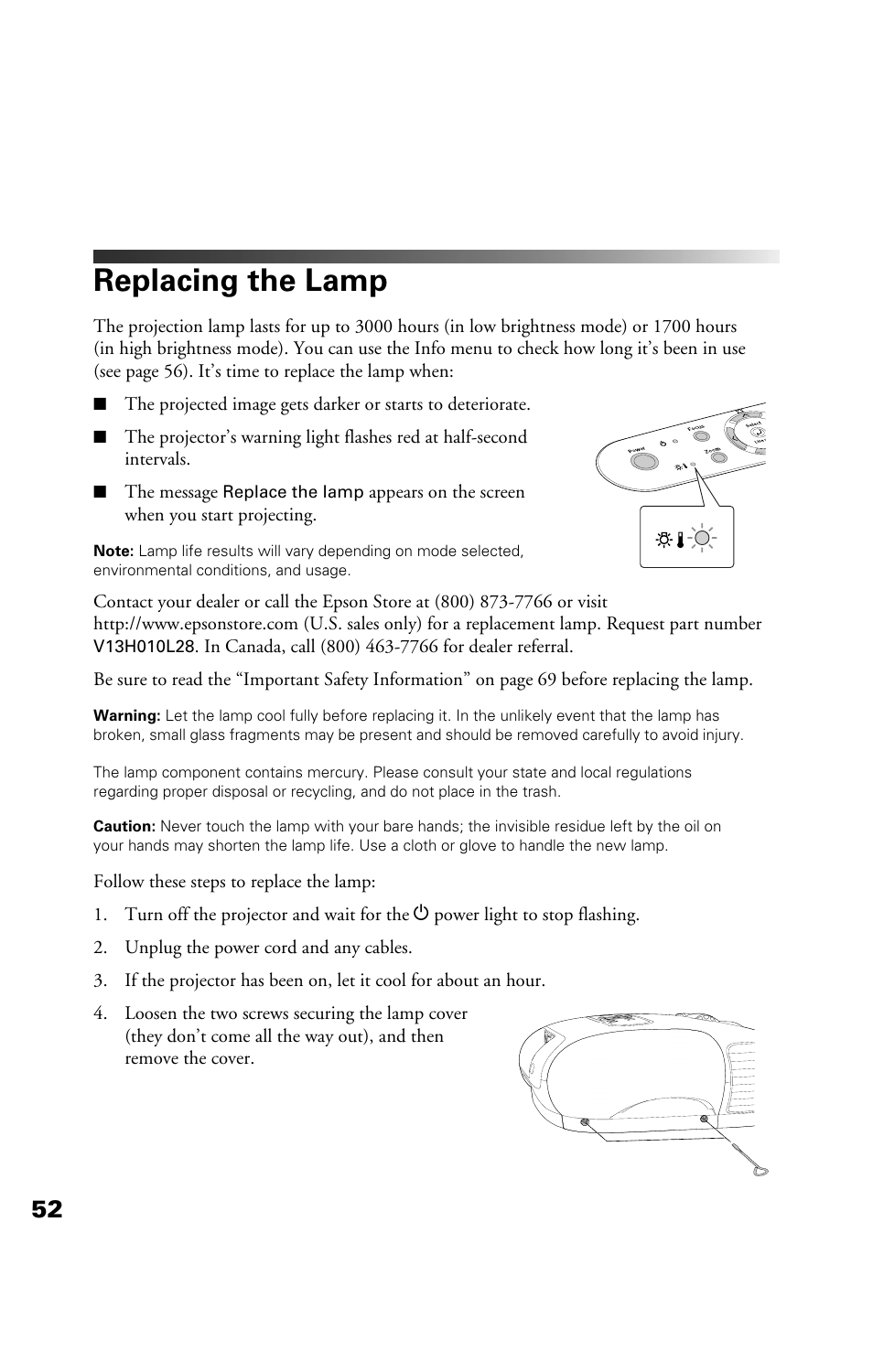 Replacing the lamp | Epson Cinema 200+ User Manual | Page 52 / 80