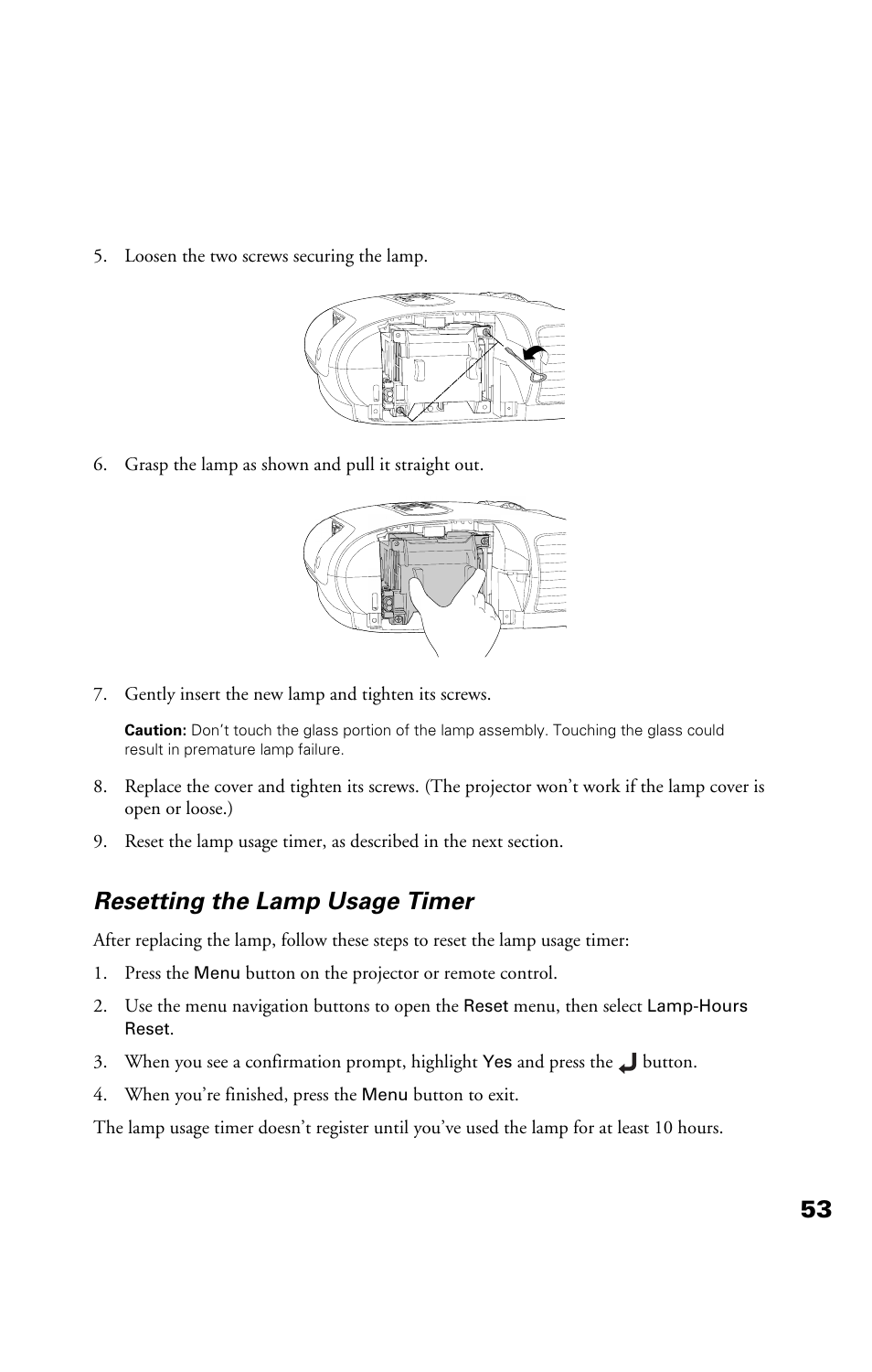 Resetting the lamp usage timer | Epson Cinema 200+ User Manual | Page 53 / 80