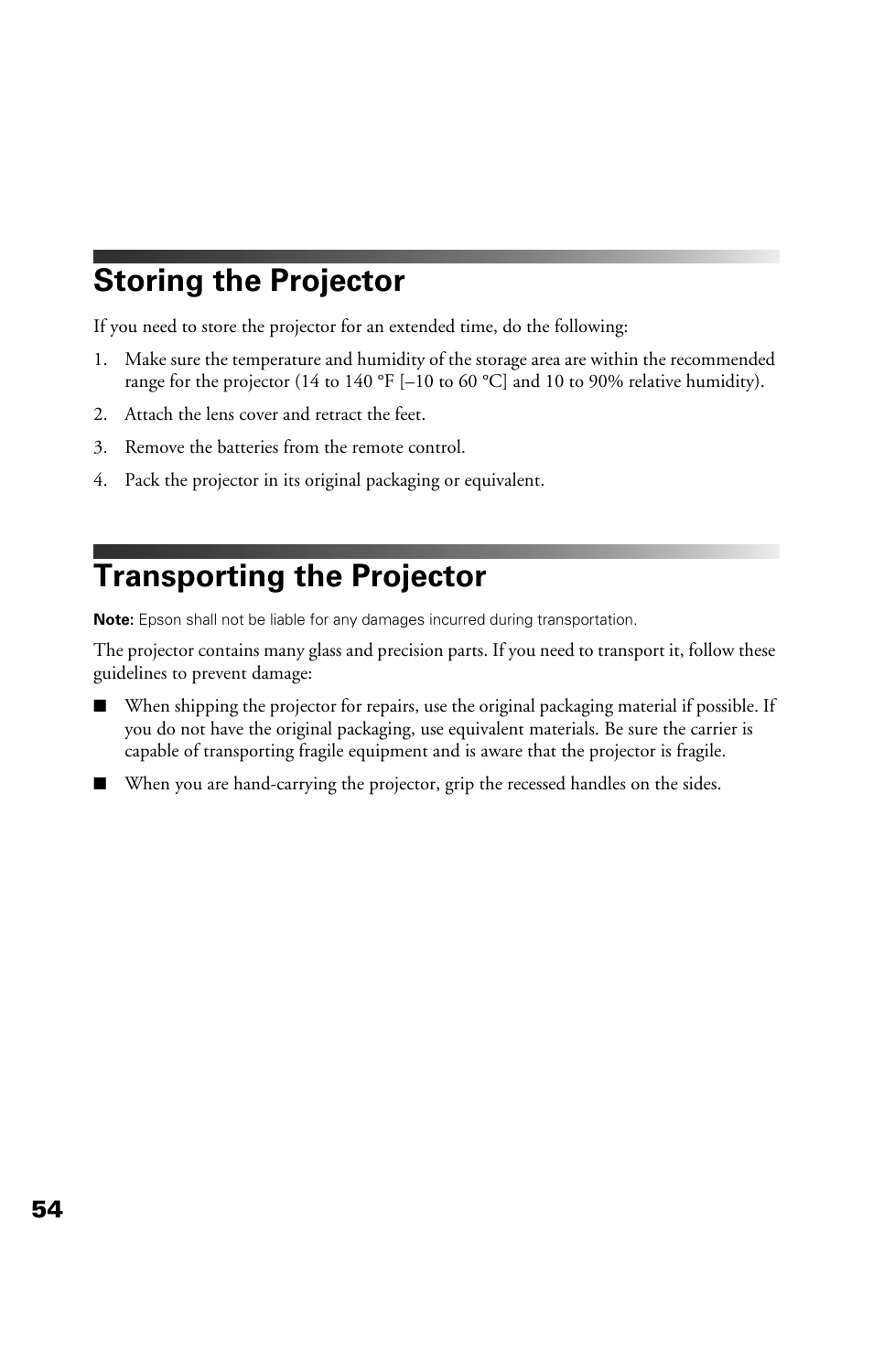 Storing the projector, Transporting the projector | Epson Cinema 200+ User Manual | Page 54 / 80