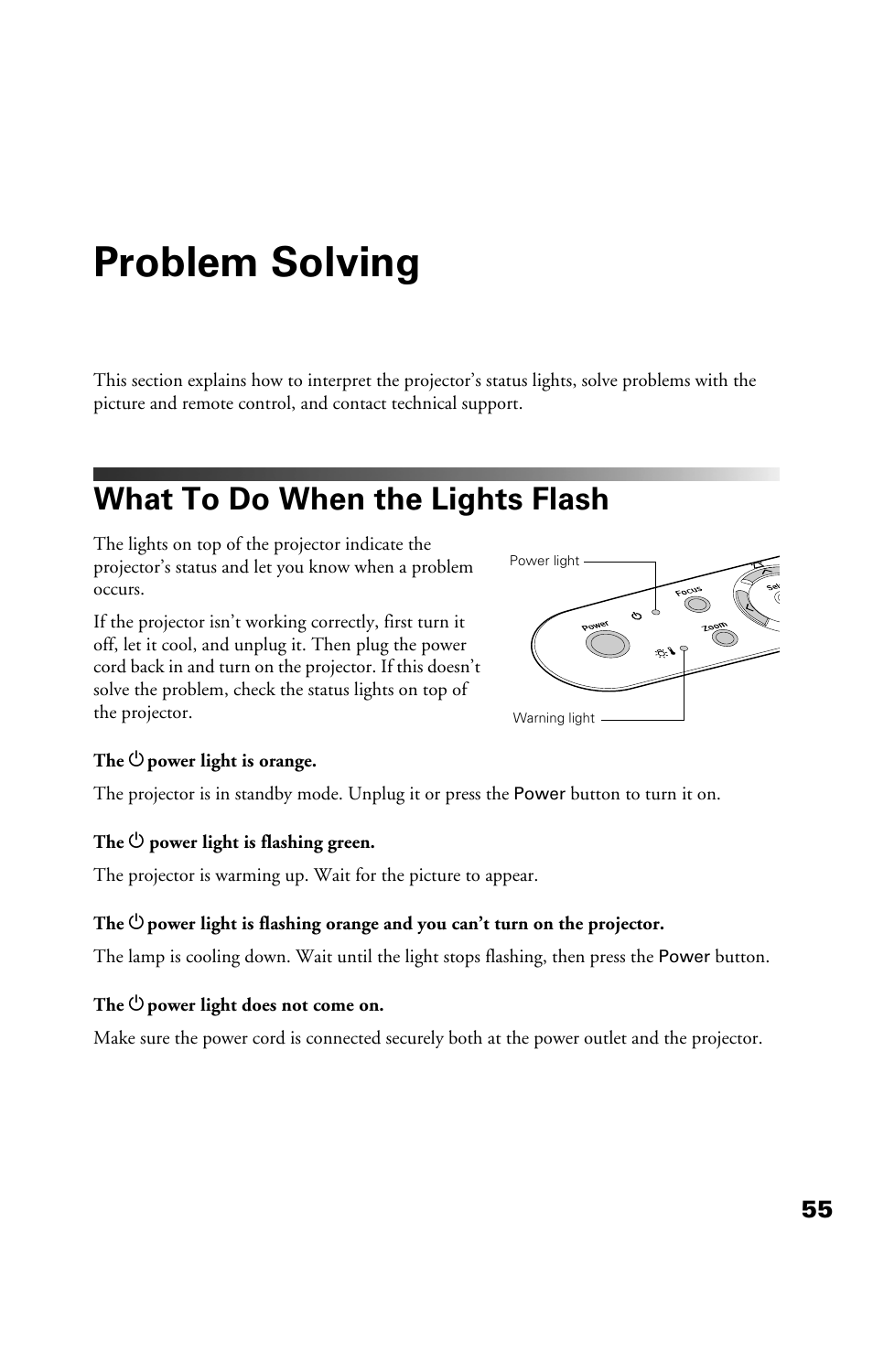 Problem solving, What to do when the lights flash | Epson Cinema 200+ User Manual | Page 55 / 80