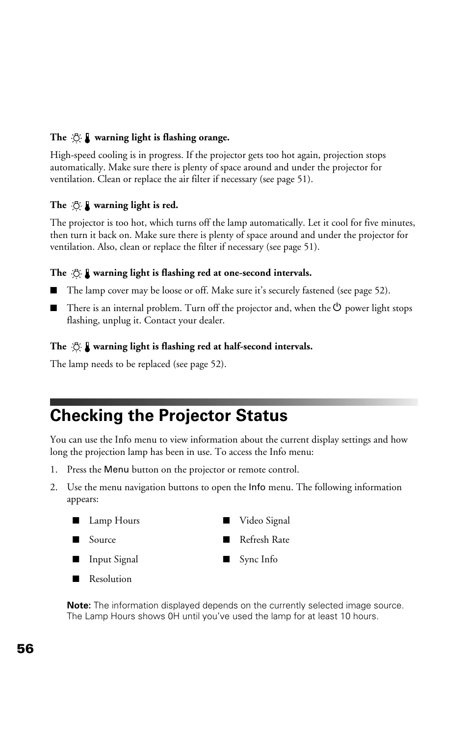 Checking the projector status | Epson Cinema 200+ User Manual | Page 56 / 80