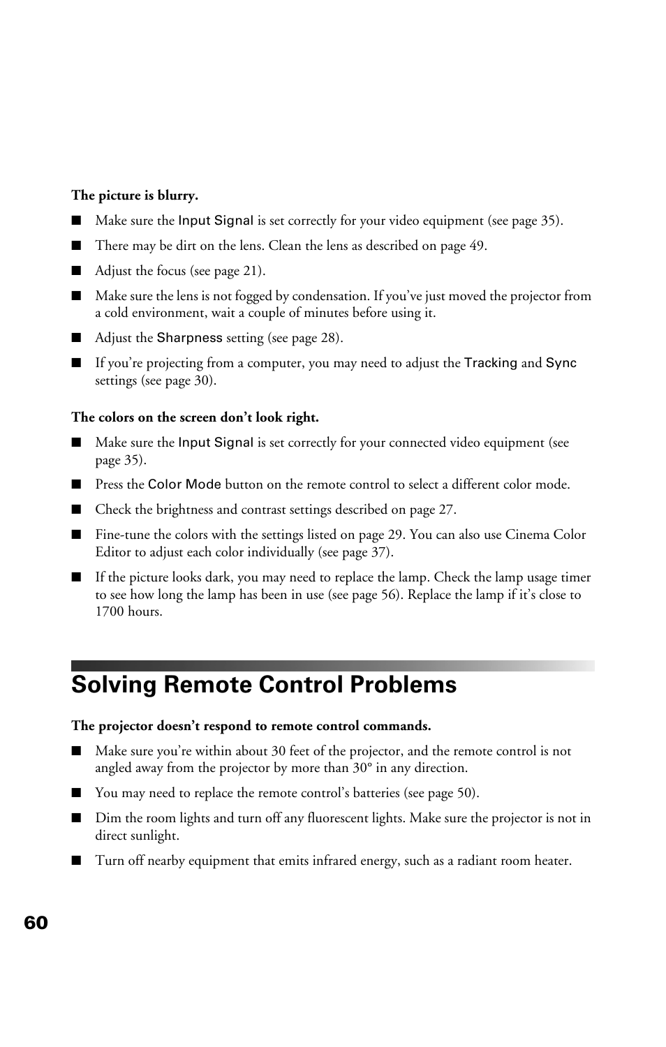 Solving remote control problems | Epson Cinema 200+ User Manual | Page 60 / 80