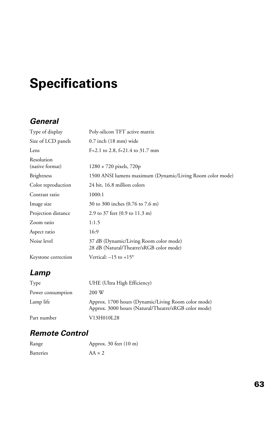 Specifications, General, Lamp | Remote control | Epson Cinema 200+ User Manual | Page 63 / 80