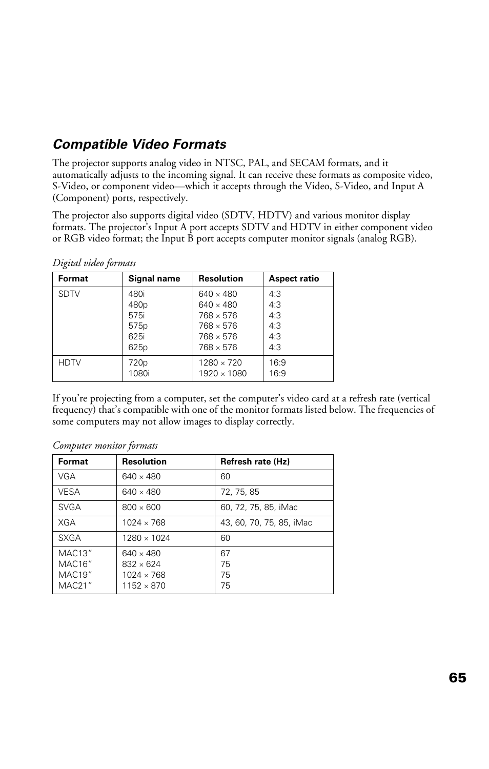 Compatible video formats, 65 compatible video formats | Epson Cinema 200+ User Manual | Page 65 / 80