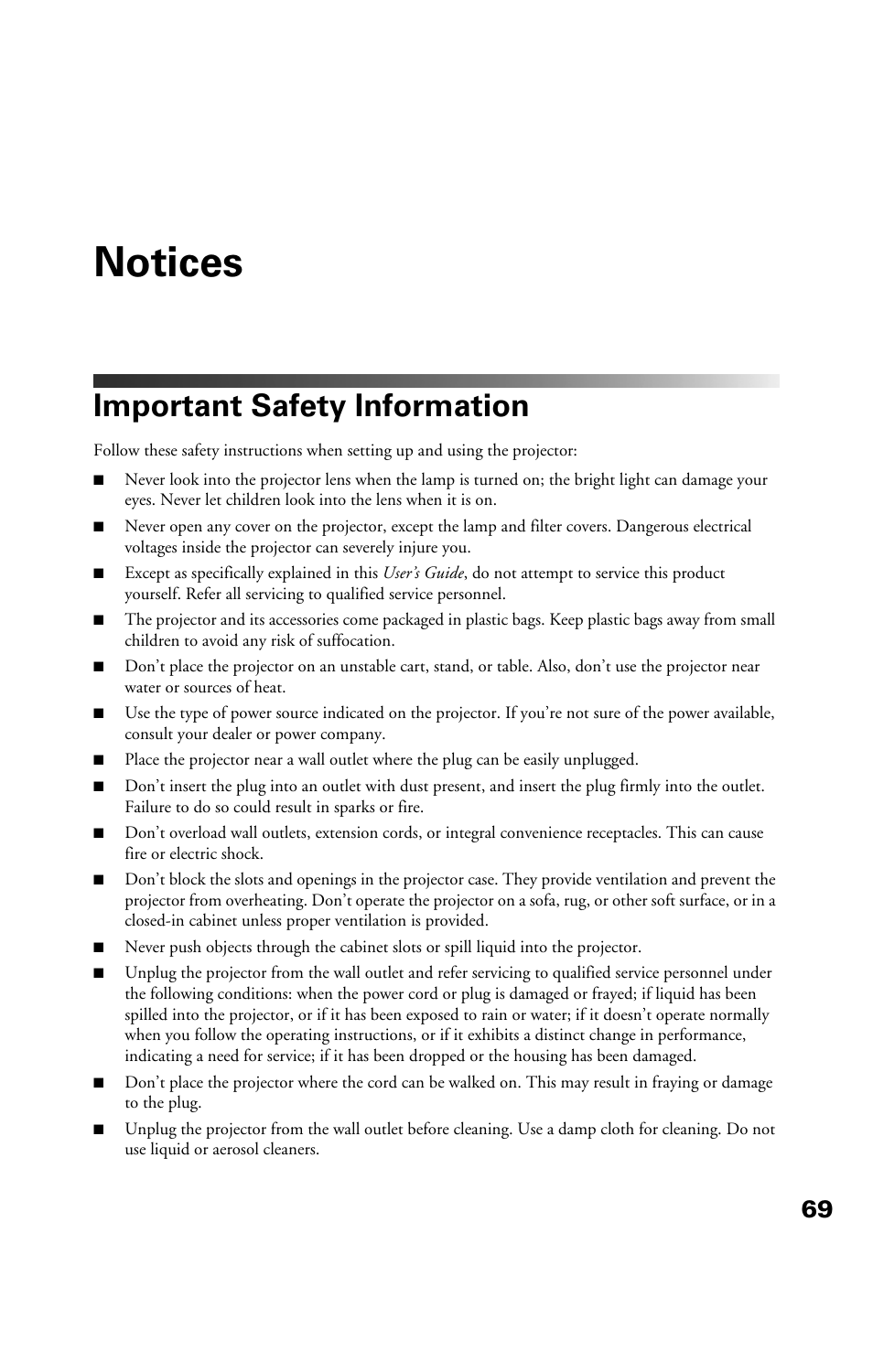 Notices, Important safety information | Epson Cinema 200+ User Manual | Page 69 / 80