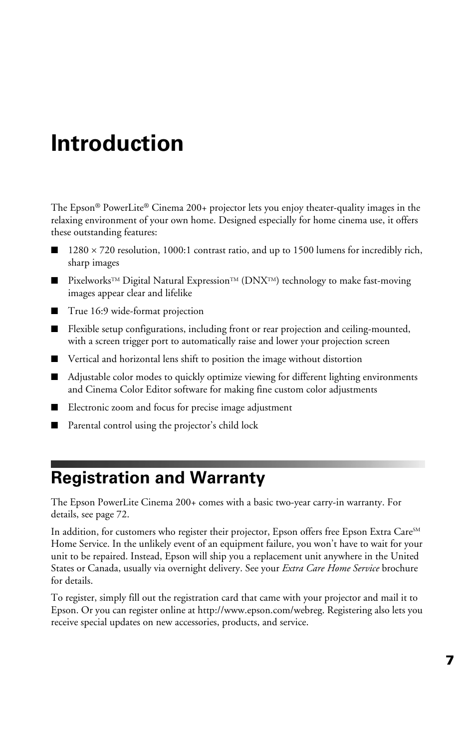 Introduction, Registration and warranty | Epson Cinema 200+ User Manual | Page 7 / 80