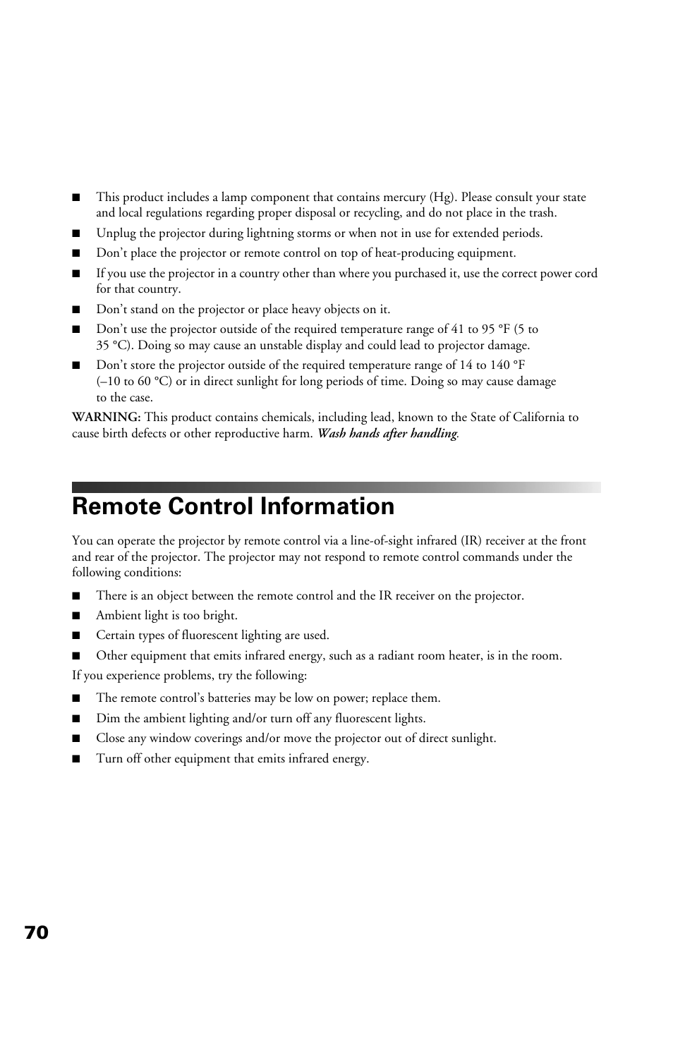 Remote control information | Epson Cinema 200+ User Manual | Page 70 / 80