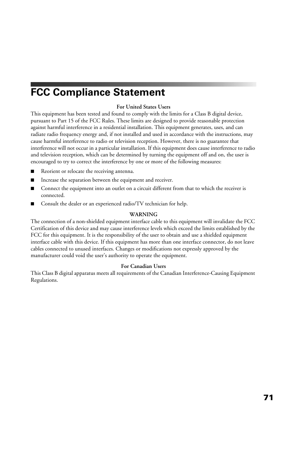 Fcc compliance statement | Epson Cinema 200+ User Manual | Page 71 / 80