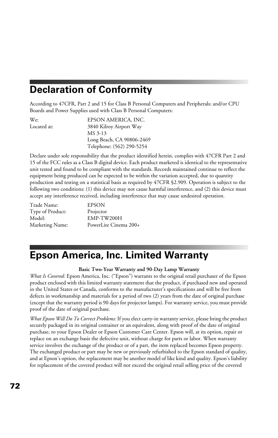 Declaration of conformity, Epson america, inc. limited warranty | Epson Cinema 200+ User Manual | Page 72 / 80