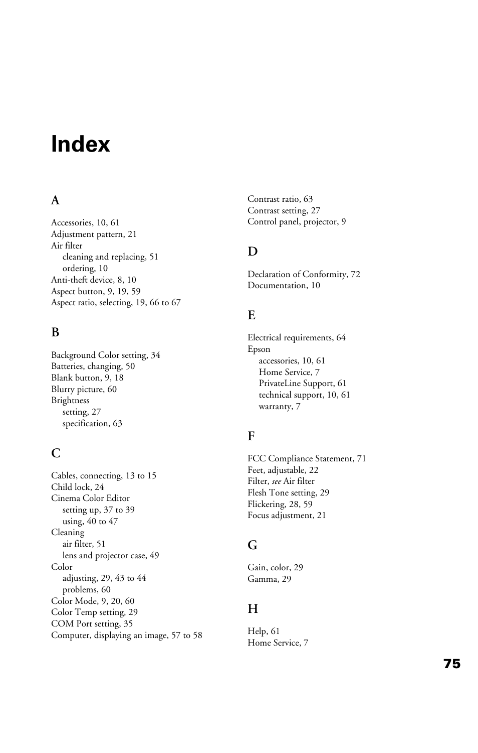 Index | Epson Cinema 200+ User Manual | Page 75 / 80