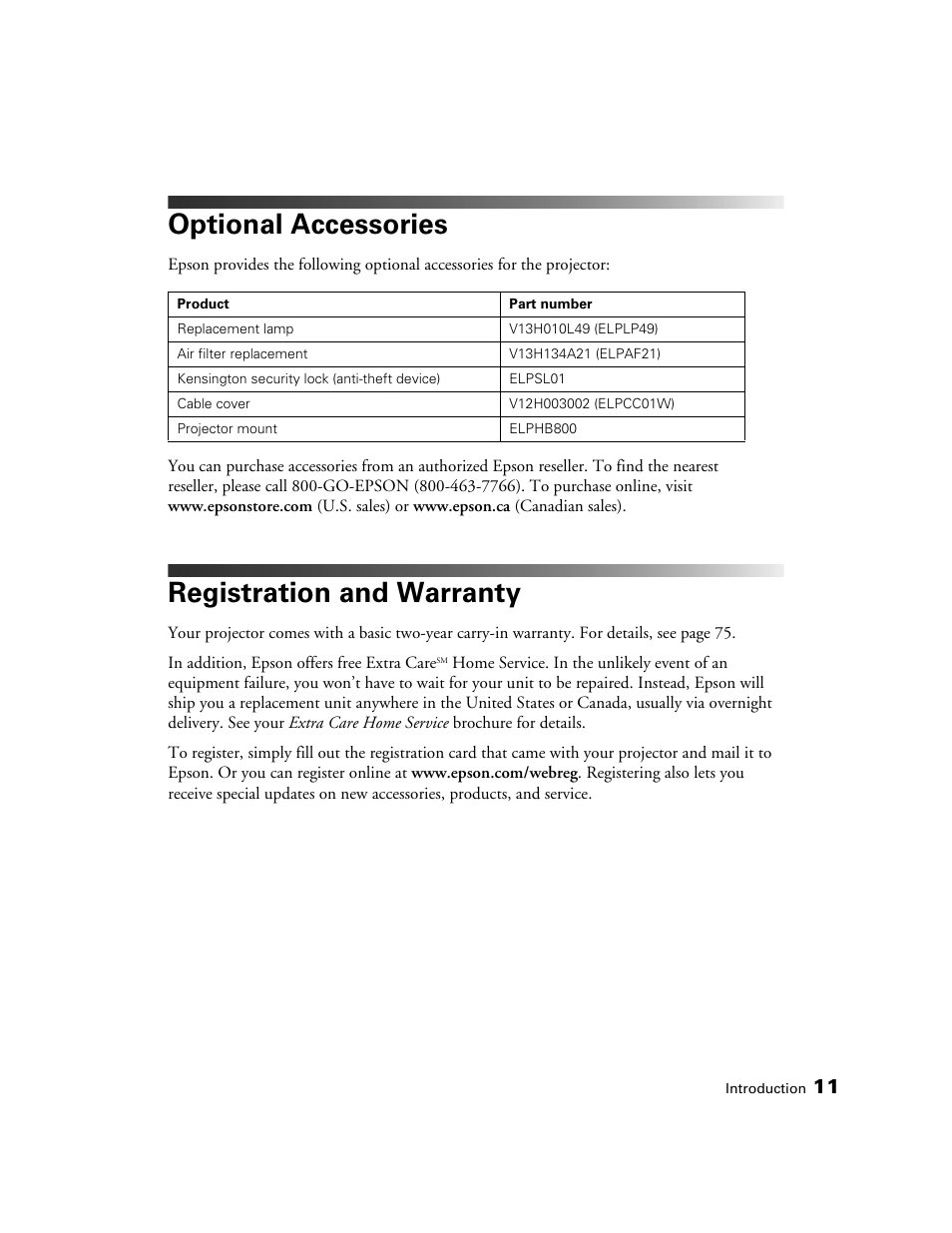 Optional accessories, Registration and warranty | Epson 6100 User Manual | Page 11 / 80