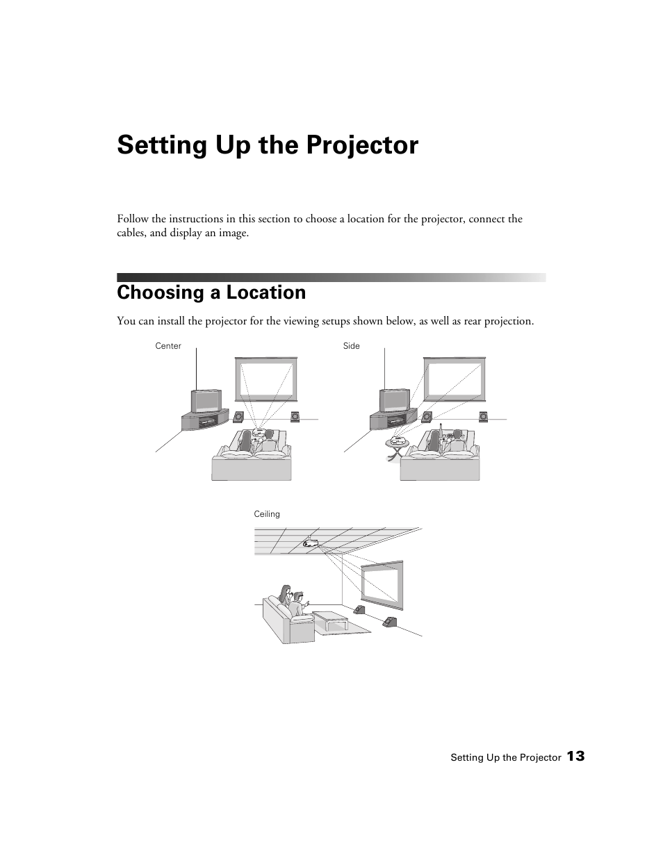 Setting up the projector, Choosing a location | Epson 6100 User Manual | Page 13 / 80