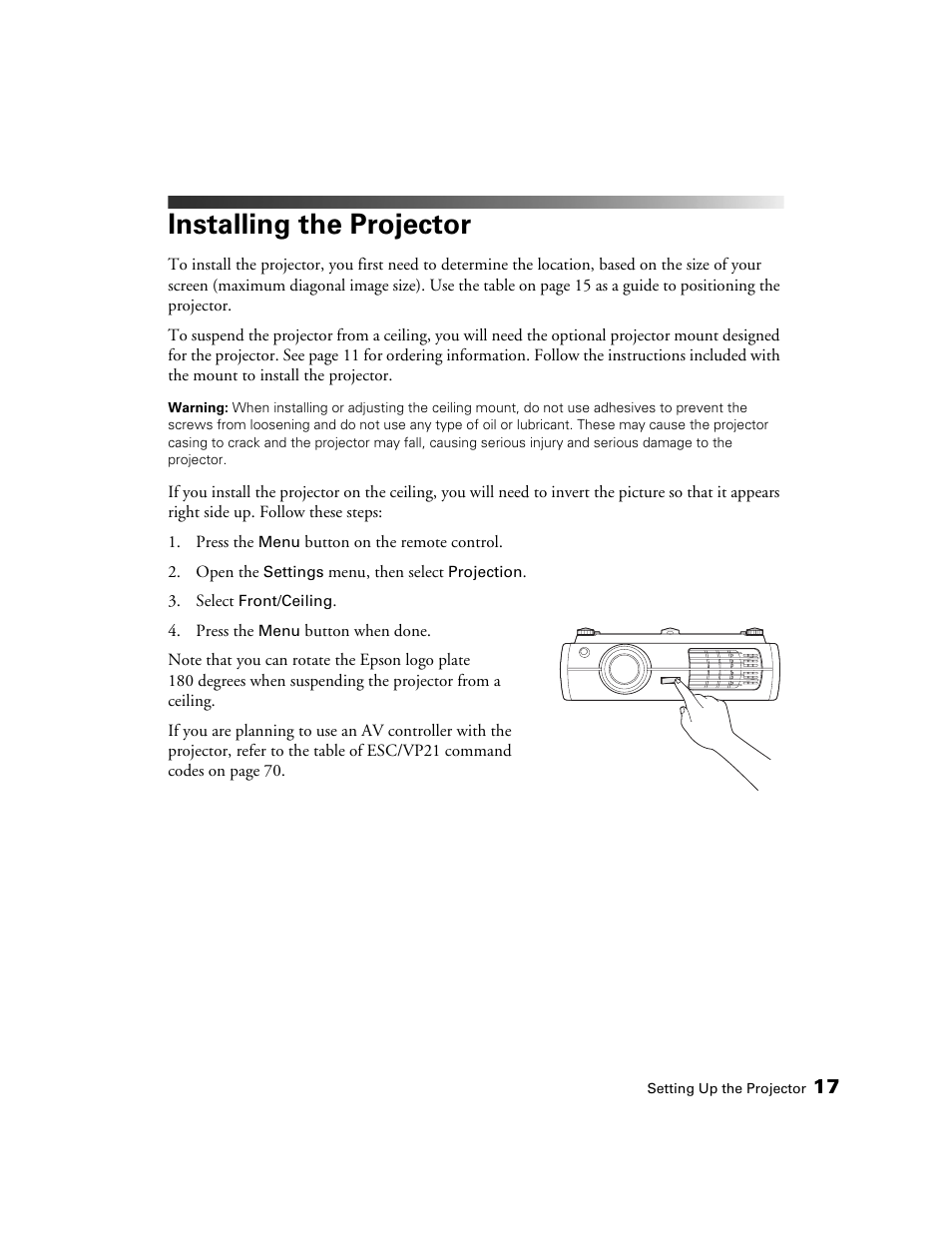 Installing the projector | Epson 6100 User Manual | Page 17 / 80