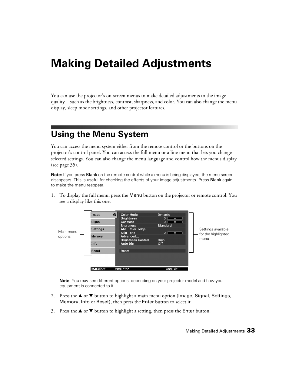 Making detailed adjustments, Using the menu system | Epson 6100 User Manual | Page 33 / 80