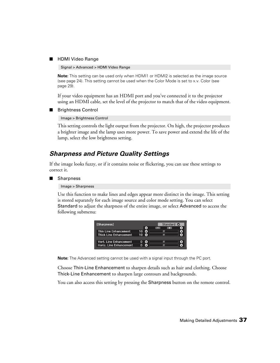 Sharpness and picture quality settings | Epson 6100 User Manual | Page 37 / 80