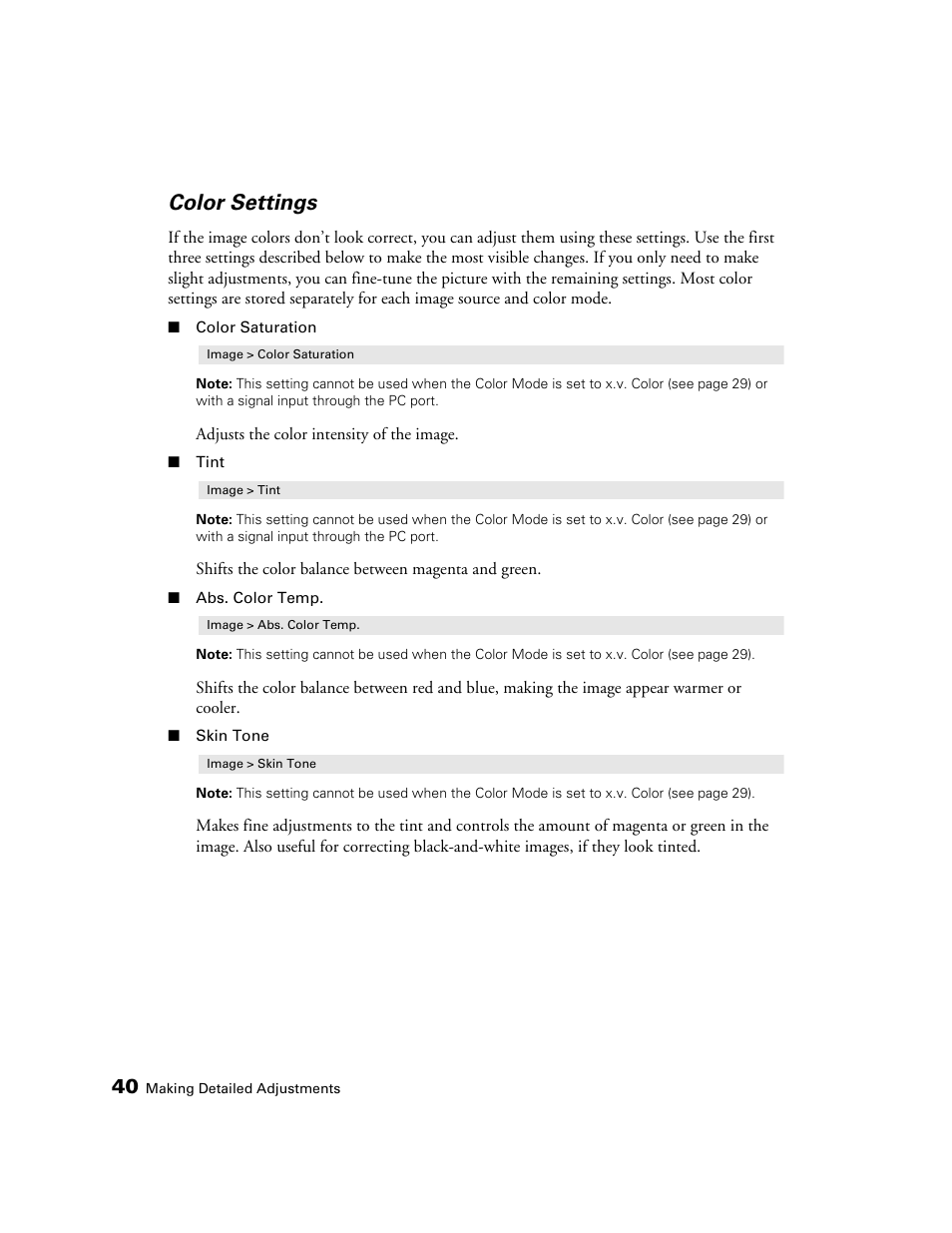 Color settings | Epson 6100 User Manual | Page 40 / 80