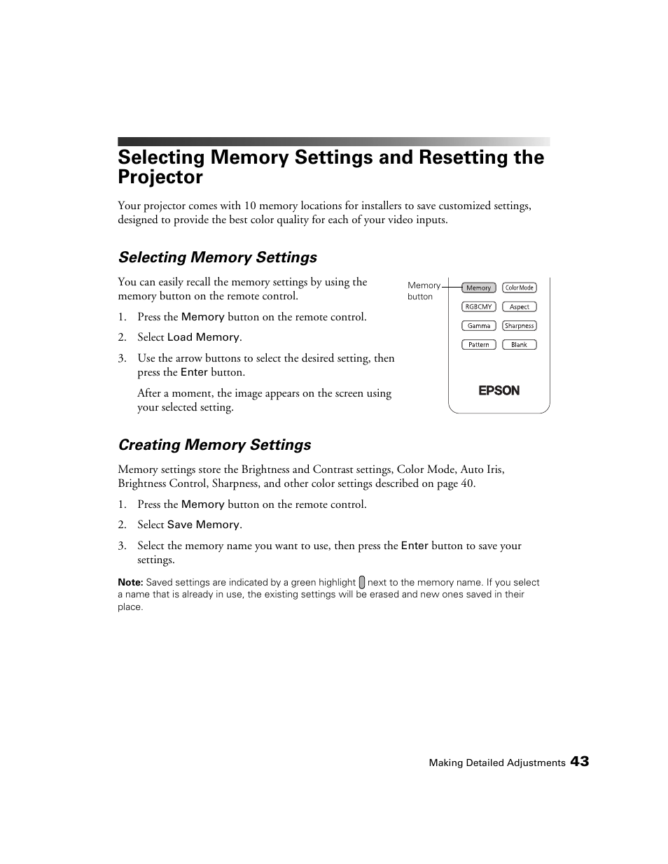 Selecting memory settings, Creating memory settings | Epson 6100 User Manual | Page 43 / 80