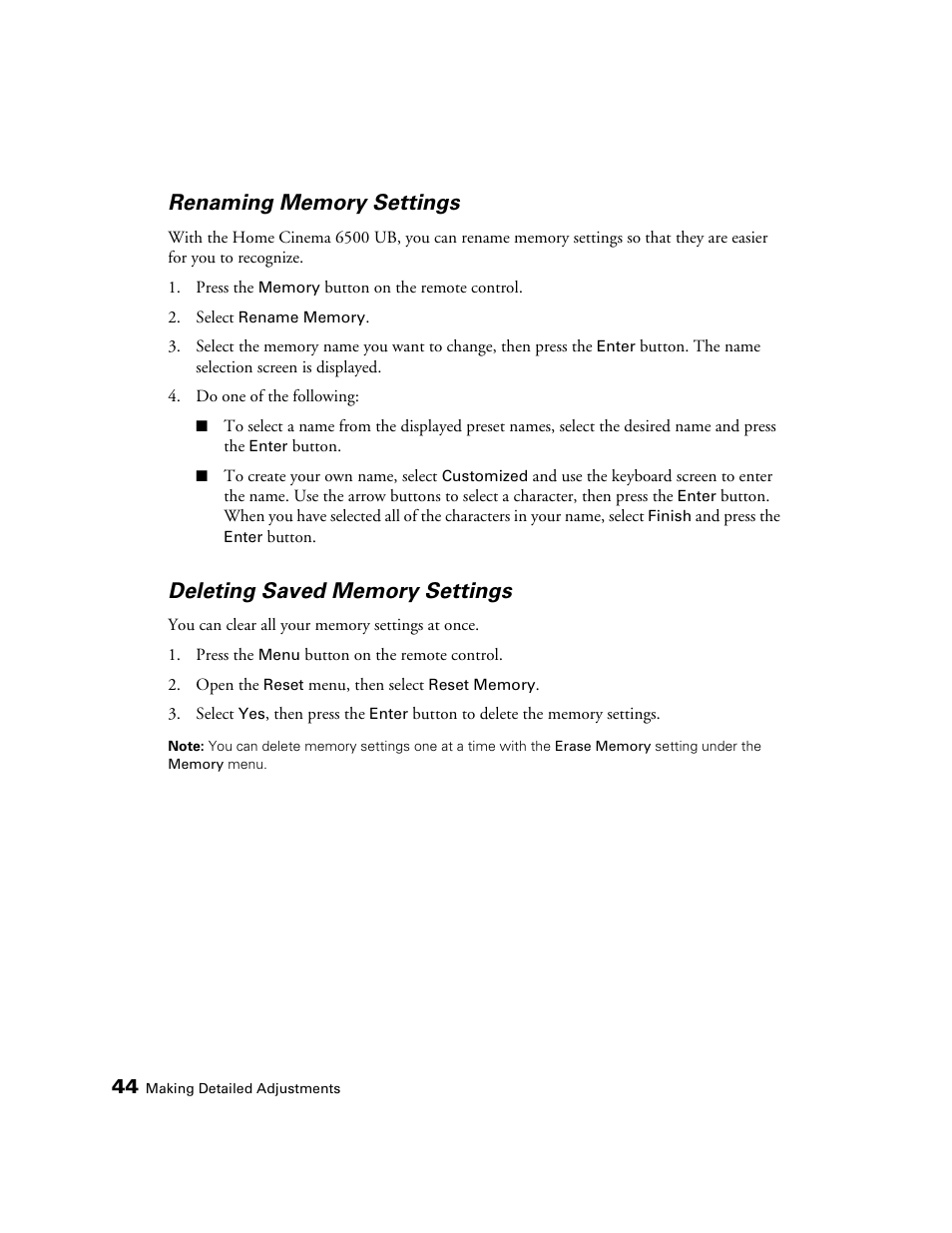 Renaming memory settings, Deleting saved memory settings | Epson 6100 User Manual | Page 44 / 80