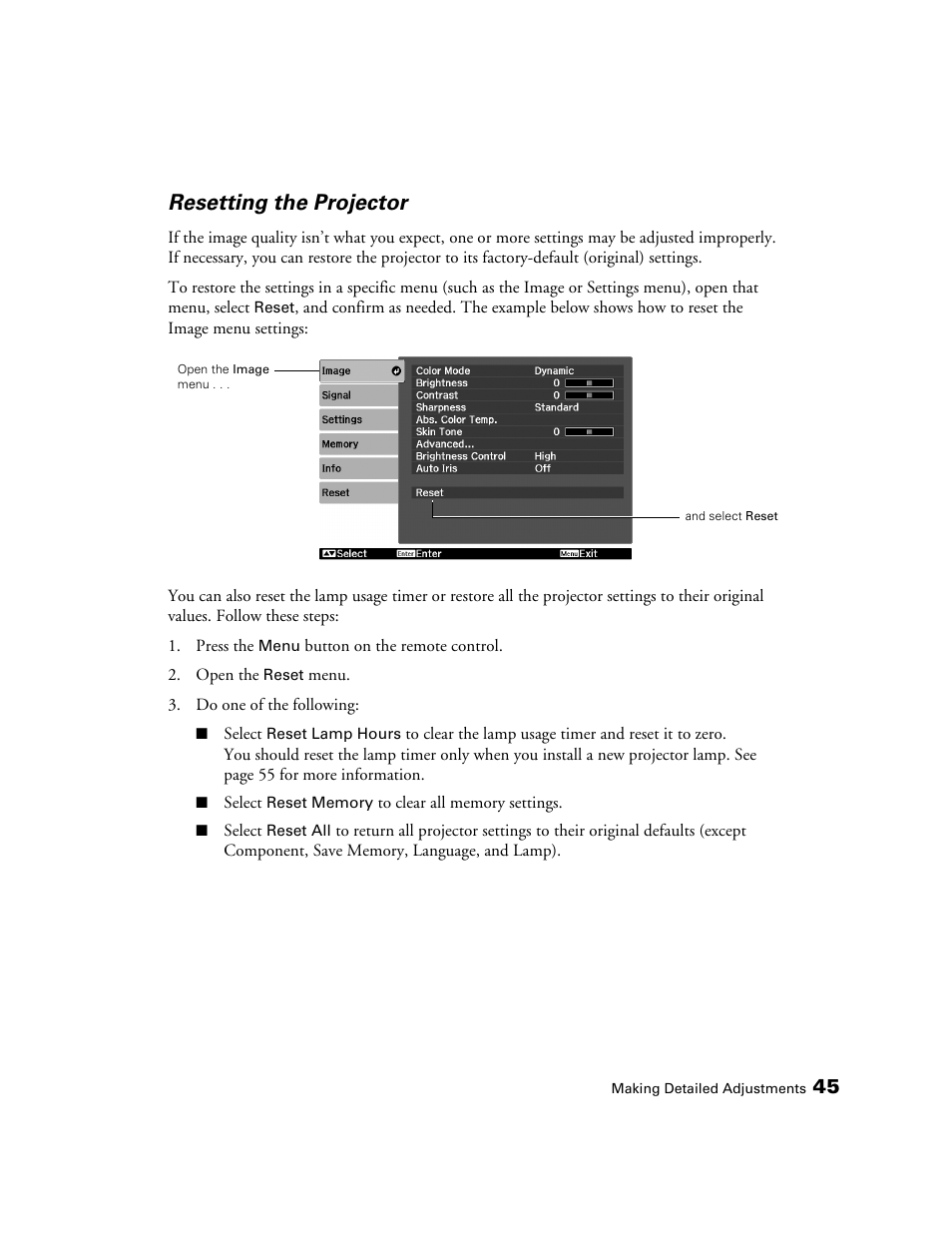 Resetting the projector | Epson 6100 User Manual | Page 45 / 80