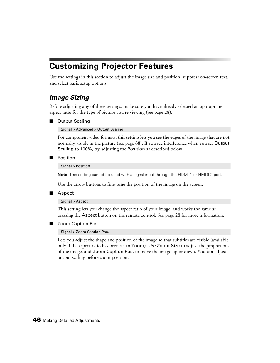 Customizing projector features, Image sizing | Epson 6100 User Manual | Page 46 / 80