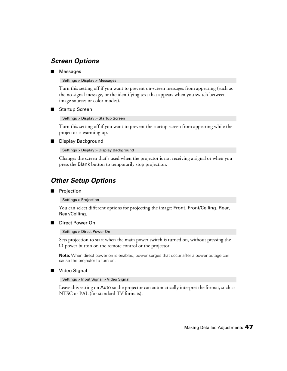 Screen options, Other setup options | Epson 6100 User Manual | Page 47 / 80