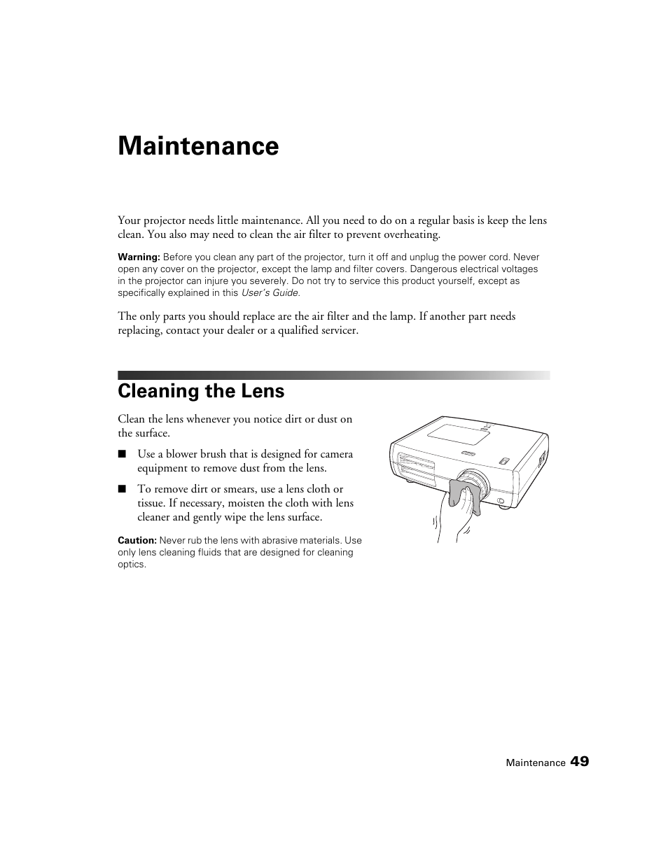 Maintenance, Cleaning the lens | Epson 6100 User Manual | Page 49 / 80