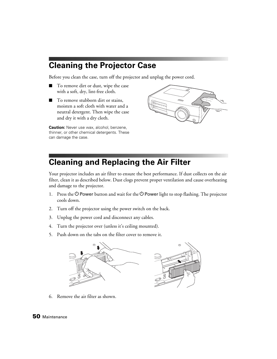 Cleaning the projector case, Cleaning and replacing the air filter | Epson 6100 User Manual | Page 50 / 80