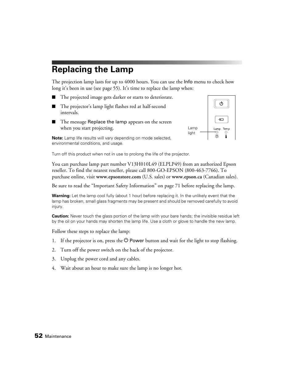 Replacing the lamp | Epson 6100 User Manual | Page 52 / 80