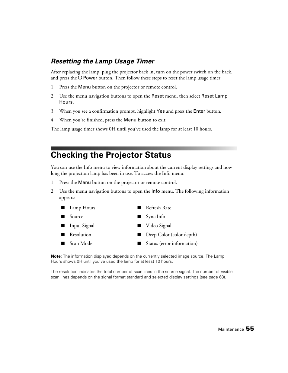 Resetting the lamp usage timer, Checking the projector status | Epson 6100 User Manual | Page 55 / 80