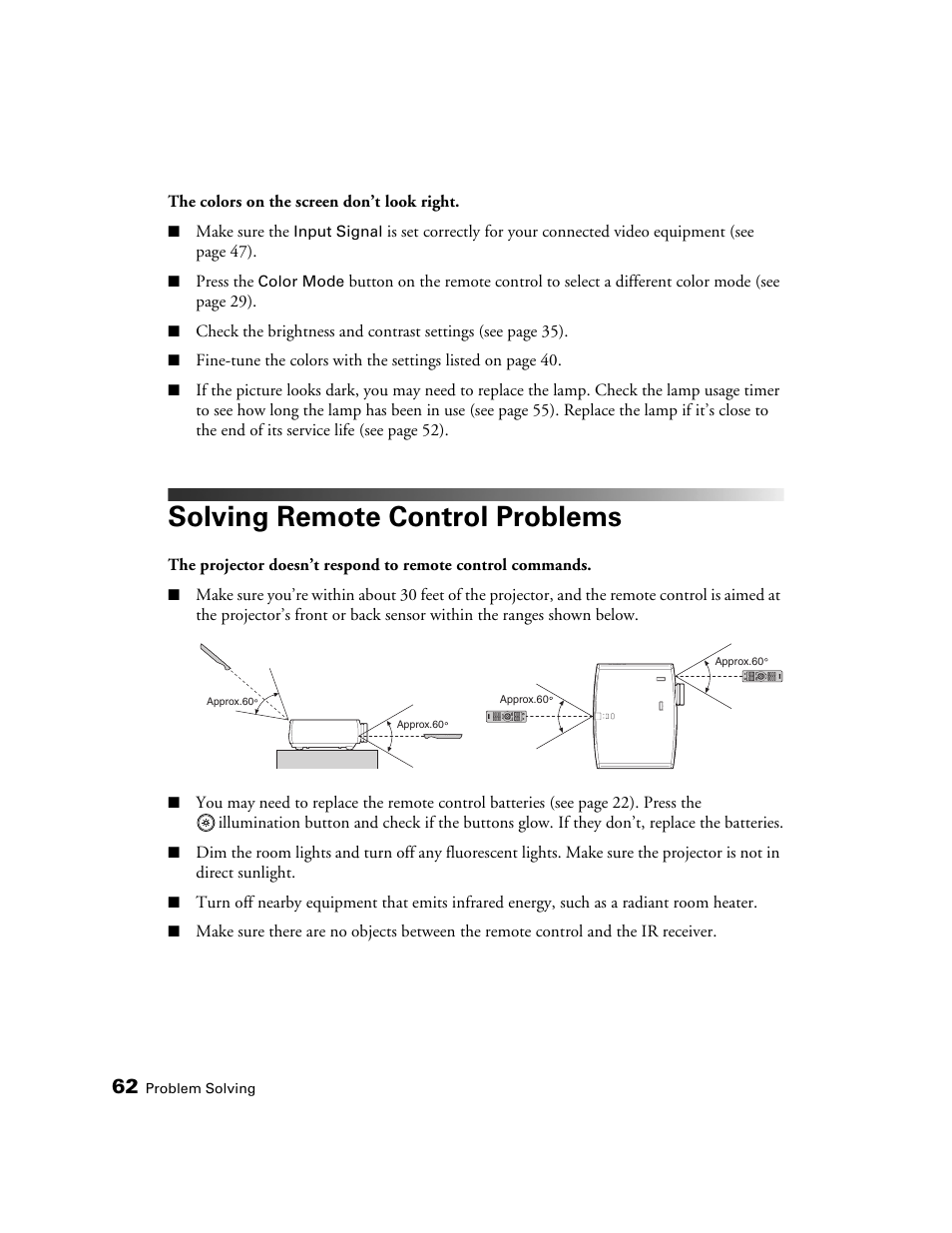 Solving remote control problems | Epson 6100 User Manual | Page 62 / 80