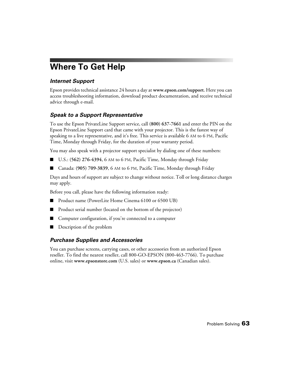 Where to get help | Epson 6100 User Manual | Page 63 / 80