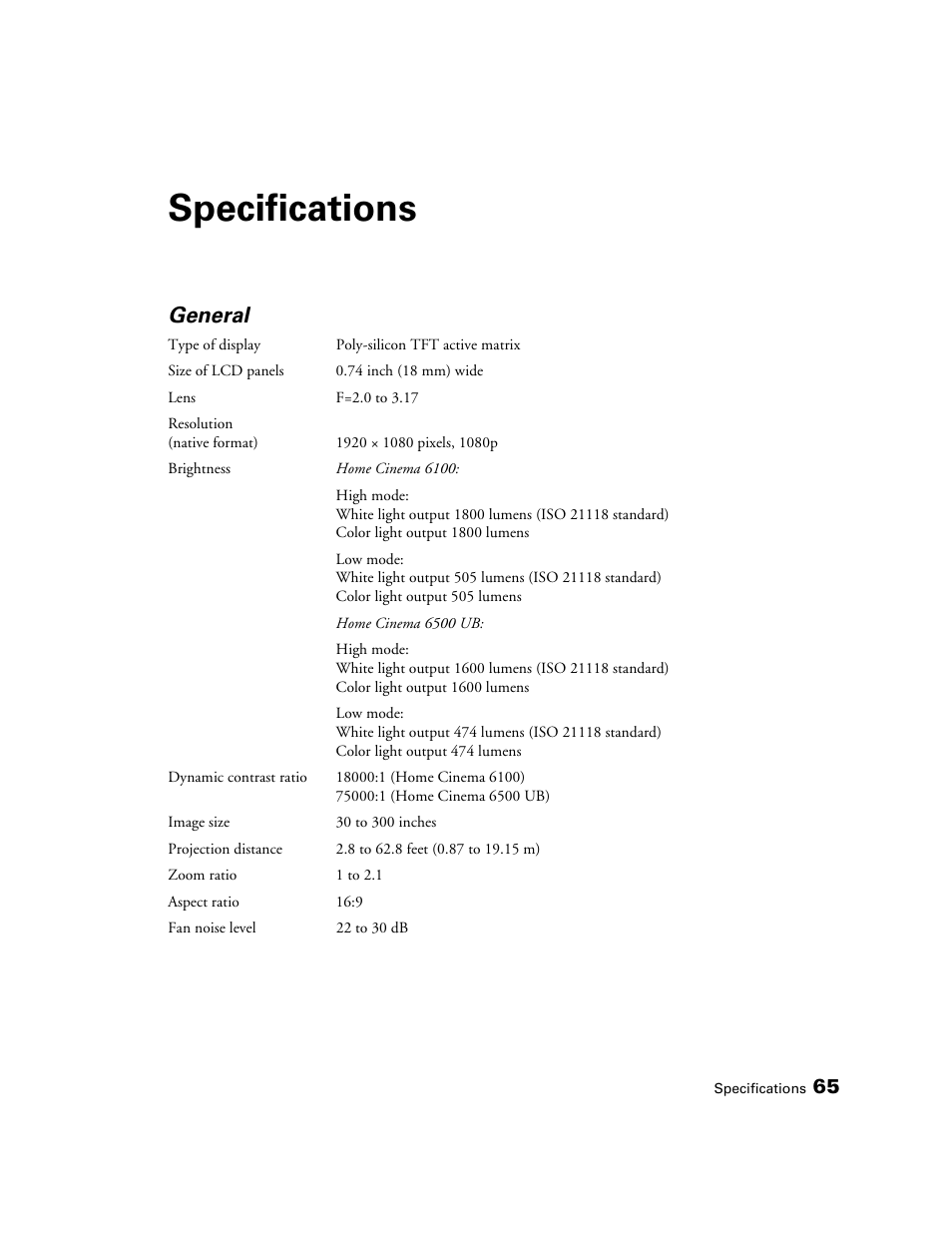 Specifications, General | Epson 6100 User Manual | Page 65 / 80