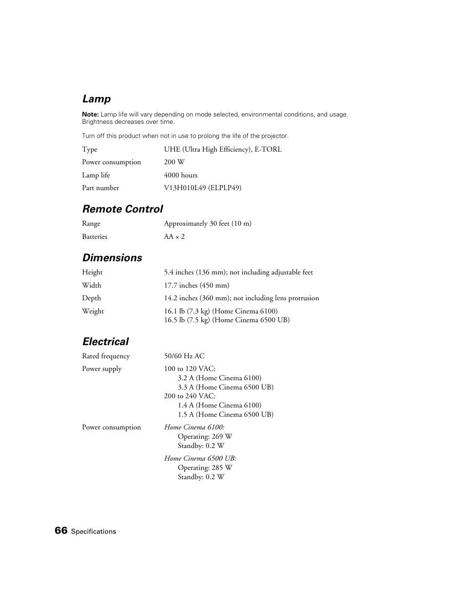 Lamp, Remote control, Dimensions | Electrical | Epson 6100 User Manual | Page 66 / 80