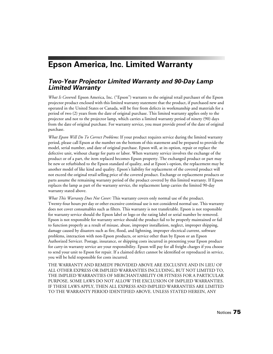 Epson america, inc. limited warranty, Warranty | Epson 6100 User Manual | Page 75 / 80